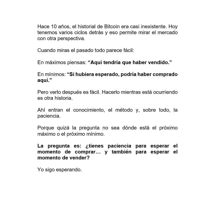 ObjetivoBitcoin's tweet photo. Todos vemos perfectamente el máximo y el mínimo… cuando ya han pasado.

Lo difícil es tener paciencia cuando todavía no sabes dónde estás.

#Bitcoin https://t.co/9hwjgVW4a6