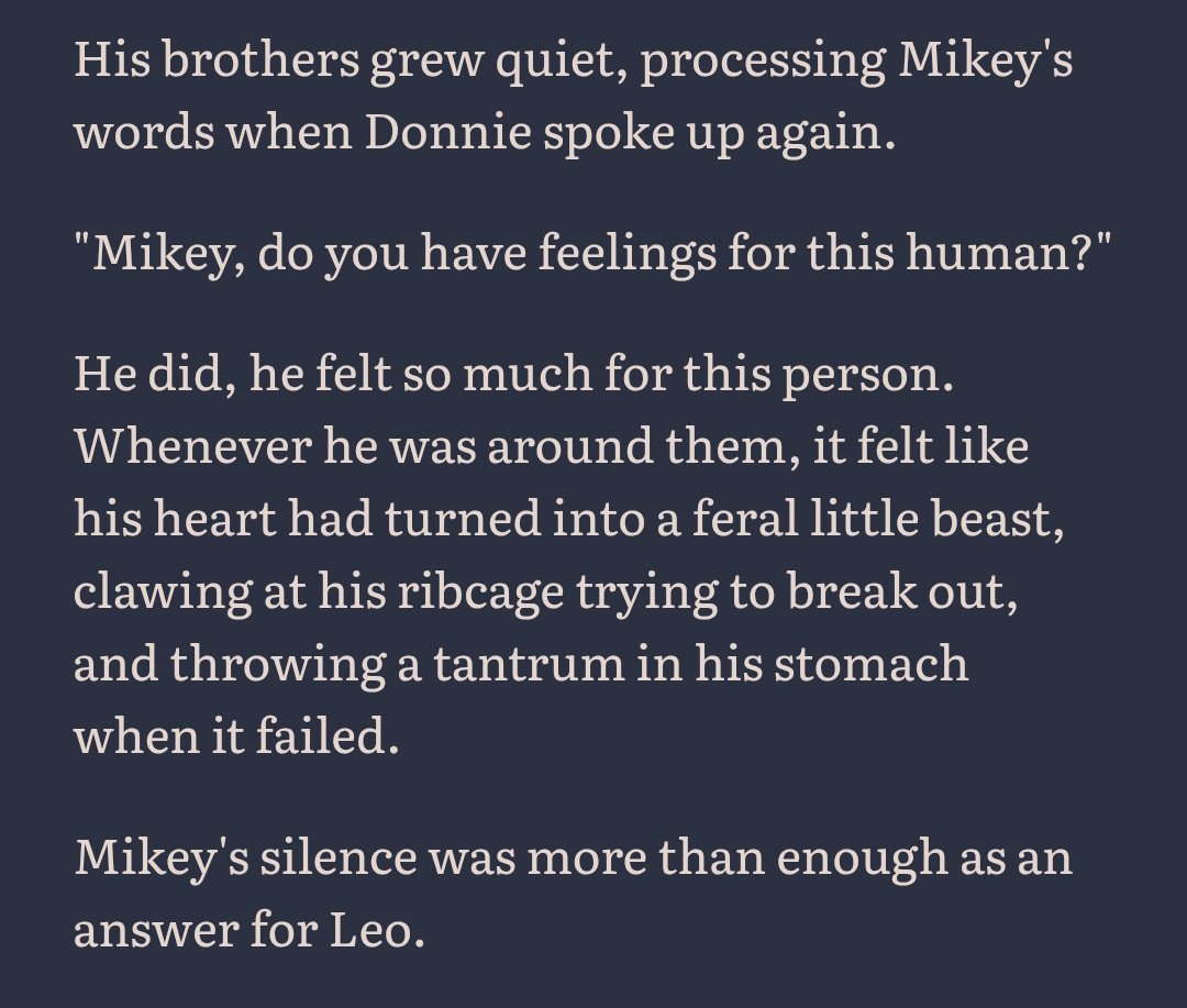 FutureLeoEnjoye's tweet photo. Have some snippets from my Bay!Mikey/Reader fic
(I'm not a writer, don't judge me too hard pls 😭)

#tmnt #fanfic #tmntfanfic #tmntbayverse #yumeship https://t.co/H6VlISgMZ6