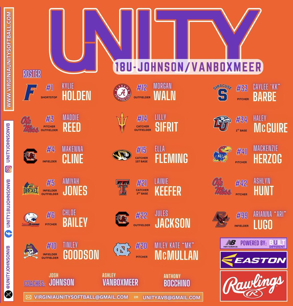 UnityJohnsonVB's tweet photo. The roster is now ALL COMMITTED &amp; ready to go!  Our 9 2028s all done in month #1.  @GatorsSB @TexasTechSB @MizzouSoftball @OleMissSoftball @ecu__softball @GamecockSoftbll @KUSoftball @UNCSoftball @VAUnitySB @UnityCoachJosh @AshVanBoxmeer4 @EastonFastpitch @AnthonyBocchin4 🧡🤍💜 https://t.co/epH0pT4NCG