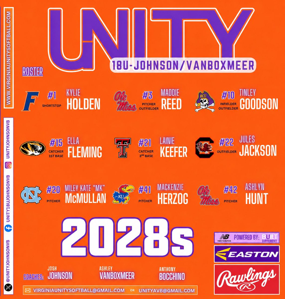 UnityJohnsonVB's tweet photo. The roster is now ALL COMMITTED &amp; ready to go!  Our 9 2028s all done in month #1.  @GatorsSB @TexasTechSB @MizzouSoftball @OleMissSoftball @ecu__softball @GamecockSoftbll @KUSoftball @UNCSoftball @VAUnitySB @UnityCoachJosh @AshVanBoxmeer4 @EastonFastpitch @AnthonyBocchin4 🧡🤍💜 https://t.co/epH0pT4NCG