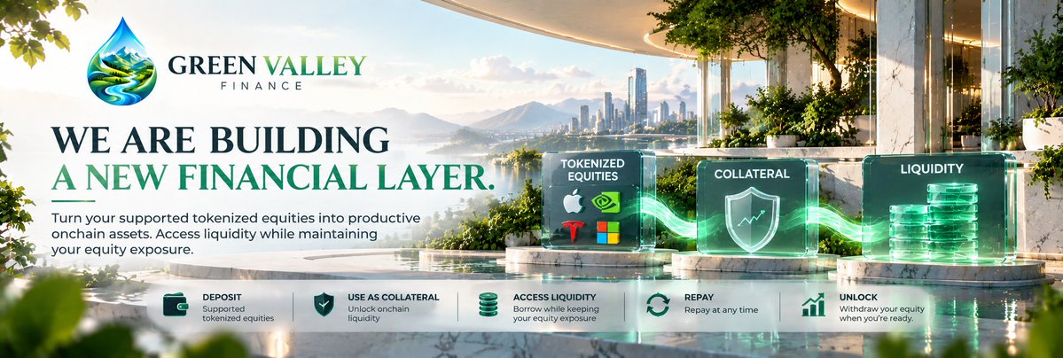 Green_Valleyfi's tweet photo. 🌿 WE ARE BUILDING MORE THAN A TOKEN.

Green Valley Finance was created around a simple idea: tokenized equities should be capable of doing more than simply sitting in a wallet.

As traditional financial assets continue moving onchain, we believe the next step is building infrastructure that allows those assets to become part of a broader decentralized financial system.

That is where Green Valley Finance begins.

Our vision is to create a liquidity layer where supported tokenized equities can move from passive holdings into productive onchain assets.

Tokenized Equities → Collateral → Liquidity

Deposit supported equities.
Use them as collateral.
Access onchain liquidity.
Repay and unlock your position.

The goal is not to recreate traditional finance on a blockchain.

The goal is to build new infrastructure around assets that are already moving onchain — connecting ownership, collateral and liquidity within one ecosystem.

$GVF represents the ecosystem we're building around that vision.

Day One was only the foundation.

From here, the focus remains on product, infrastructure, utility, integrations and long-term ecosystem growth.

Green Valley is being built one layer at a time. 🌿💧

Let Your Equities Flow.

$GVF