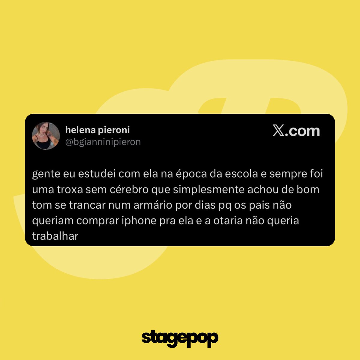 stagepopbr's tweet photo. 🚨 Usuária afirma ter sido colega de escola de MC Mirella e vem a público expor como, segundo ela, a cantora se comportava na época em que estudava:

“Gente, eu estudei com ela na época da escola e sempre foi uma trouxa sem cérebro que simplesmente achou de bom tom se trancar em um armário por dias porque os pais não queriam comprar um iPhone para ela e a otária não queria trabalhar.”
