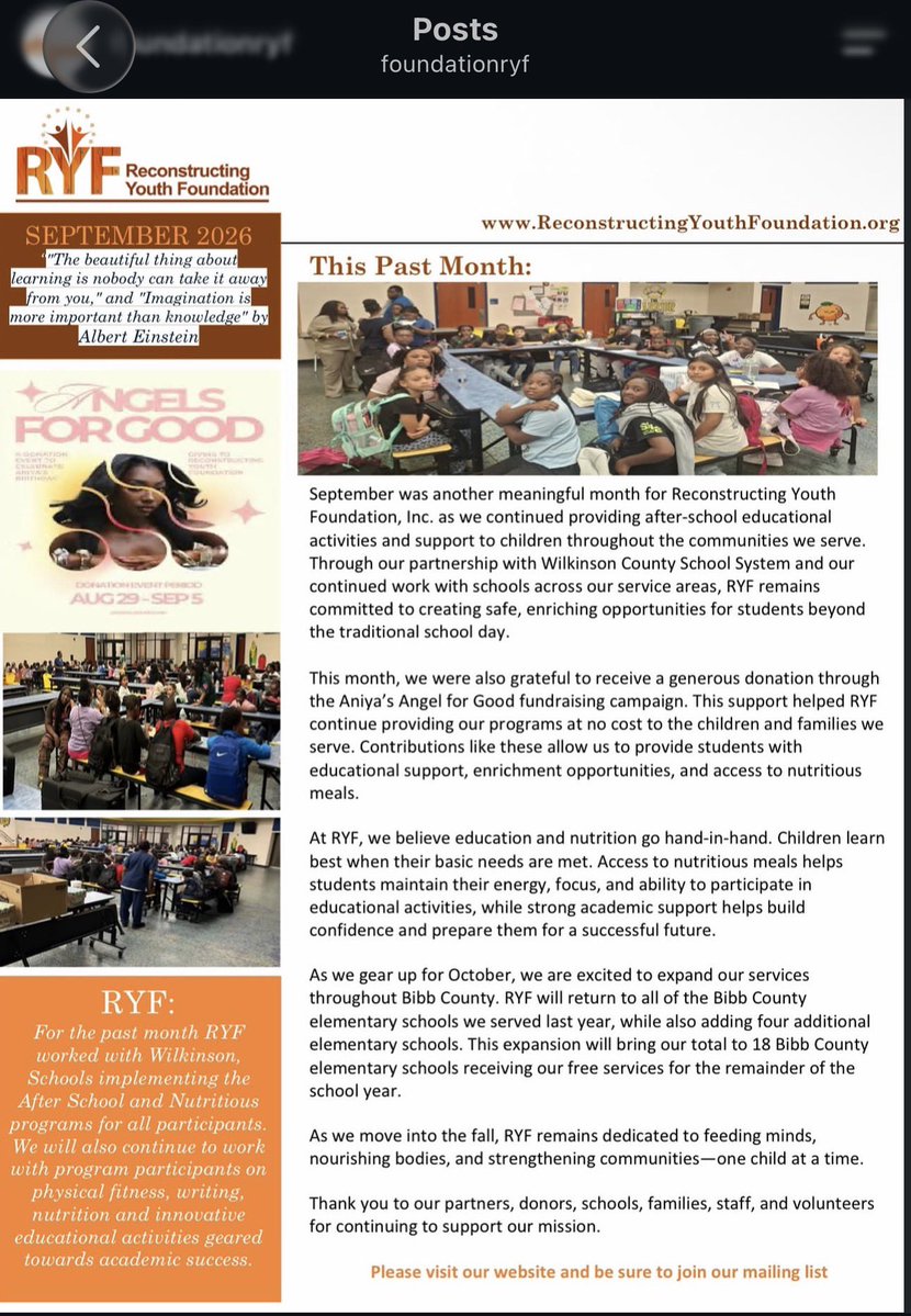 AniyaCore's tweet photo. Angels, look at the impact we made. Because Aniya’s Angels showed up, RYF can keep after-school programs and meals free and serve 18 Bibb County elementary schools this fall, including four new ones. 

I’m so proud of every Angel who made this real. https://t.co/ij4ltoBp7l