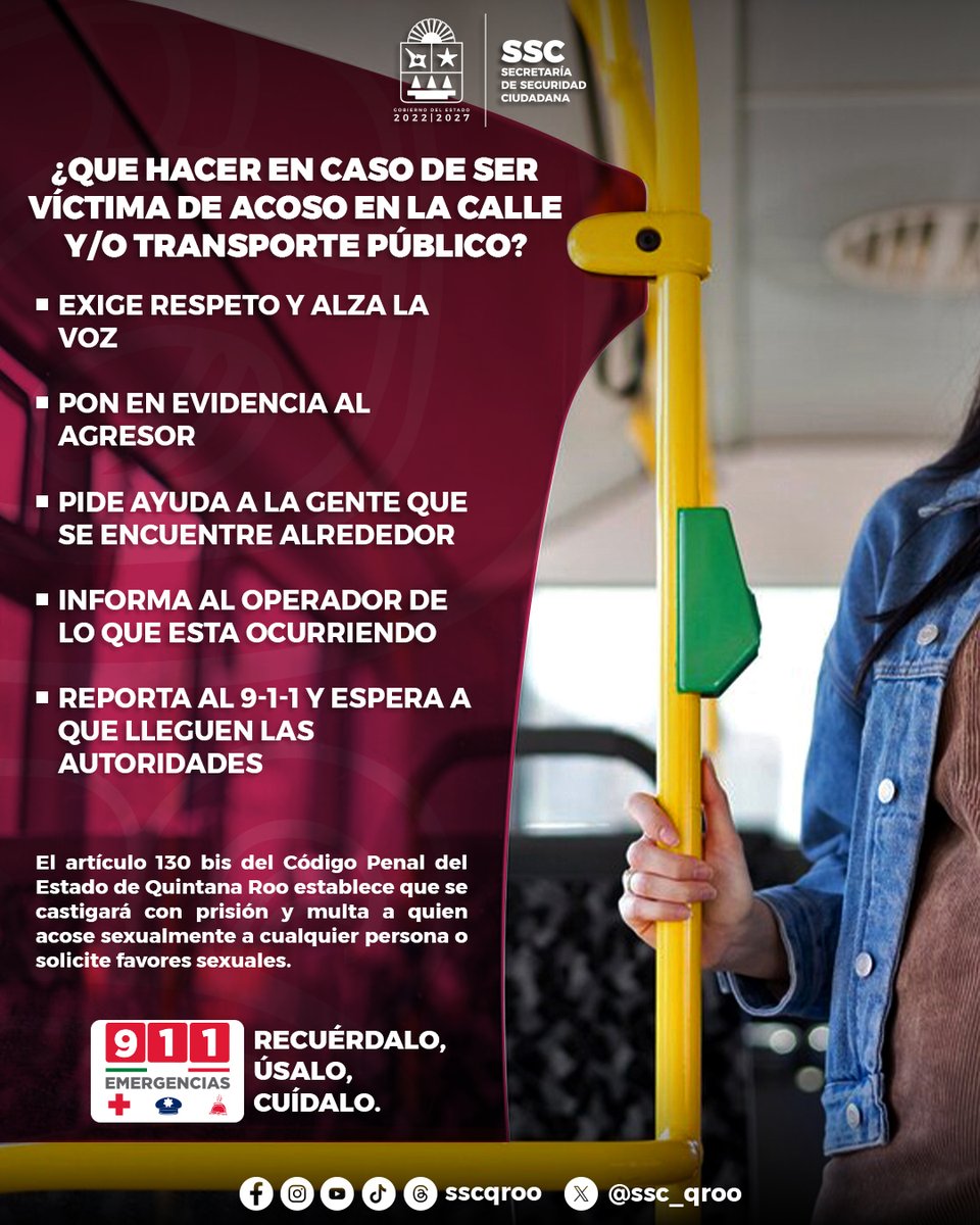 SSC_QROO's tweet photo. El acoso callejero es violencia, ¡pongámoslo un alto!

Si estás pasando por una situación de acoso callejero o alguien de tu alrededor es víctima; 1, identifica a tu agresor y 2, pide apoyo a personas cercanas o llama de inmediato a la línea del 911.

#UnidasParaTransformar https://t.co/YVbE4hsLAo