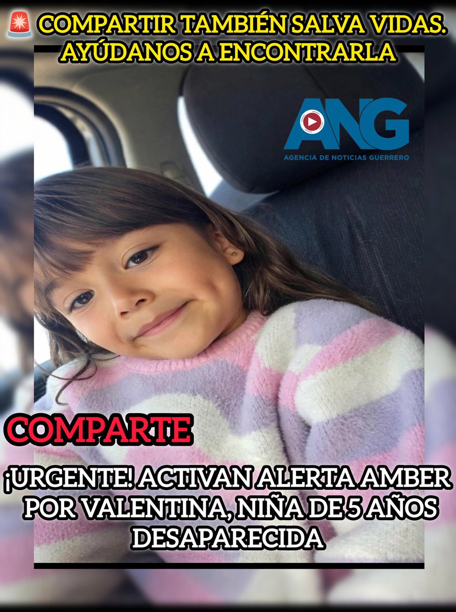 ANoticiasGro's tweet photo. 🚨 Compartir también salva vidas. Ayúdanos a encontrarla

¡URGENTE! ACTIVAN ALERTA AMBER POR VALENTINA, NIÑA DE 5 AÑOS DESAPARECIDA  
https://t.co/FgEgsfz6dU https://t.co/jeYhSZsEPf