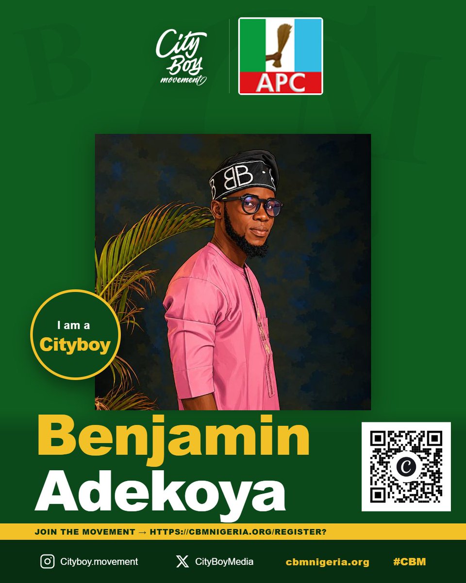 bebmigared's tweet photo. I am a CityBoy! Benjamin Adekoya proudly stands with the City Boy Movement. Join us and be part of the change.
Register now: https://t.co/8XHgTCJksD
@CityBoyMedia @PBATMediaCentre @OfficialAPCNg @APCLagosNG @ogunlewemoyo @STinubu
#CityBoyMovement #CBM #RenewedHopeAgenda https://t.co/ziFD2EkIQ6