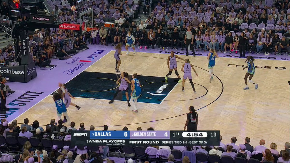 A WNBA playoff game between the Dallas Wings (leading 6-4) and Golden State Valkyries is shown in the first quarter with 4:54 remaining, as Dallas player #24 attempts a shot near the basket. The on-screen ESPN graphic displays "WNBA PLAYOFFS - FIRST ROUND - SERIES TIED 1-1 (BEST OF 3)" while viewers are encouraged to watch Game 3 of the Wings-Valkyries series.