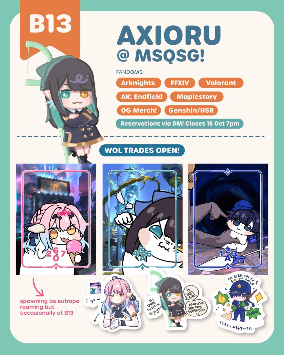 axiorei's tweet photo. [💕&amp; 🔁 appreciated! ] will be at @MakersQuestSG (B13) this monthh! 🥳

Fandoms: Arknights, Valorant, FFXIV, and more!

Feel free to reserve in ✉️!

#msqsg2026 #msq2026artist (1/2) https://t.co/dck4E4Kmjz