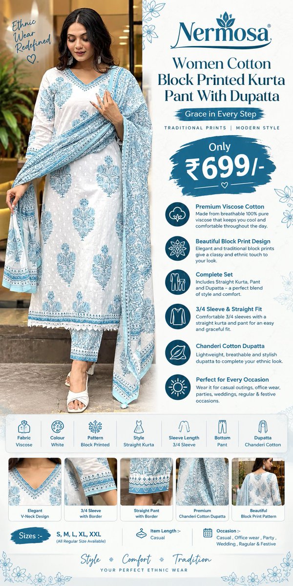 Yourmhmstore's tweet photo. ๐ MHM Store โ Bringing you amazing online deals every day!
๐๏ธ Nermosa Womenโs Block Printed Cotton Kurta Pant Dupatta Set
๐ฐ Price: โน699/-
๐ Buy Now: https://t.co/MLiFmm8gjN
#DealAlert #OnlineShopping #ShoppingDeals #BestDeals #IndianShopping #Viral #mhmstore #trends https://t.co/XPZ65kkEvT