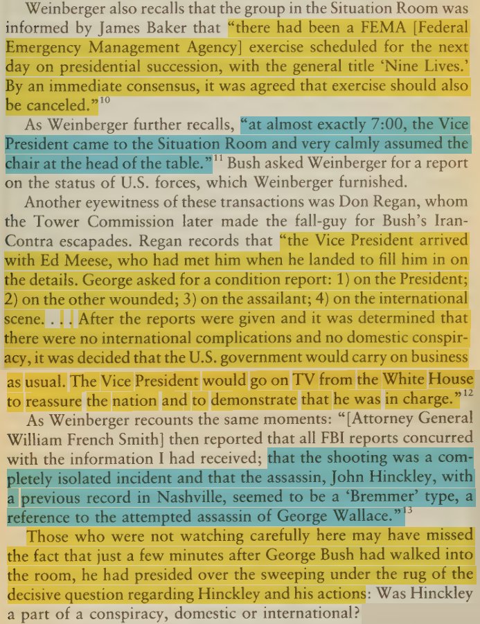 toxictiramisu's tweet photo. John Hinckley shot Ronald Reagan shortly after George HW Bush received crisis-management powers as part of a coup to control the presidency. Bush took charge of the emergency command group that would run the country/military in a crisis. Hinckley's father was a major Bush donor. https://t.co/Mv9Q5VQXo0