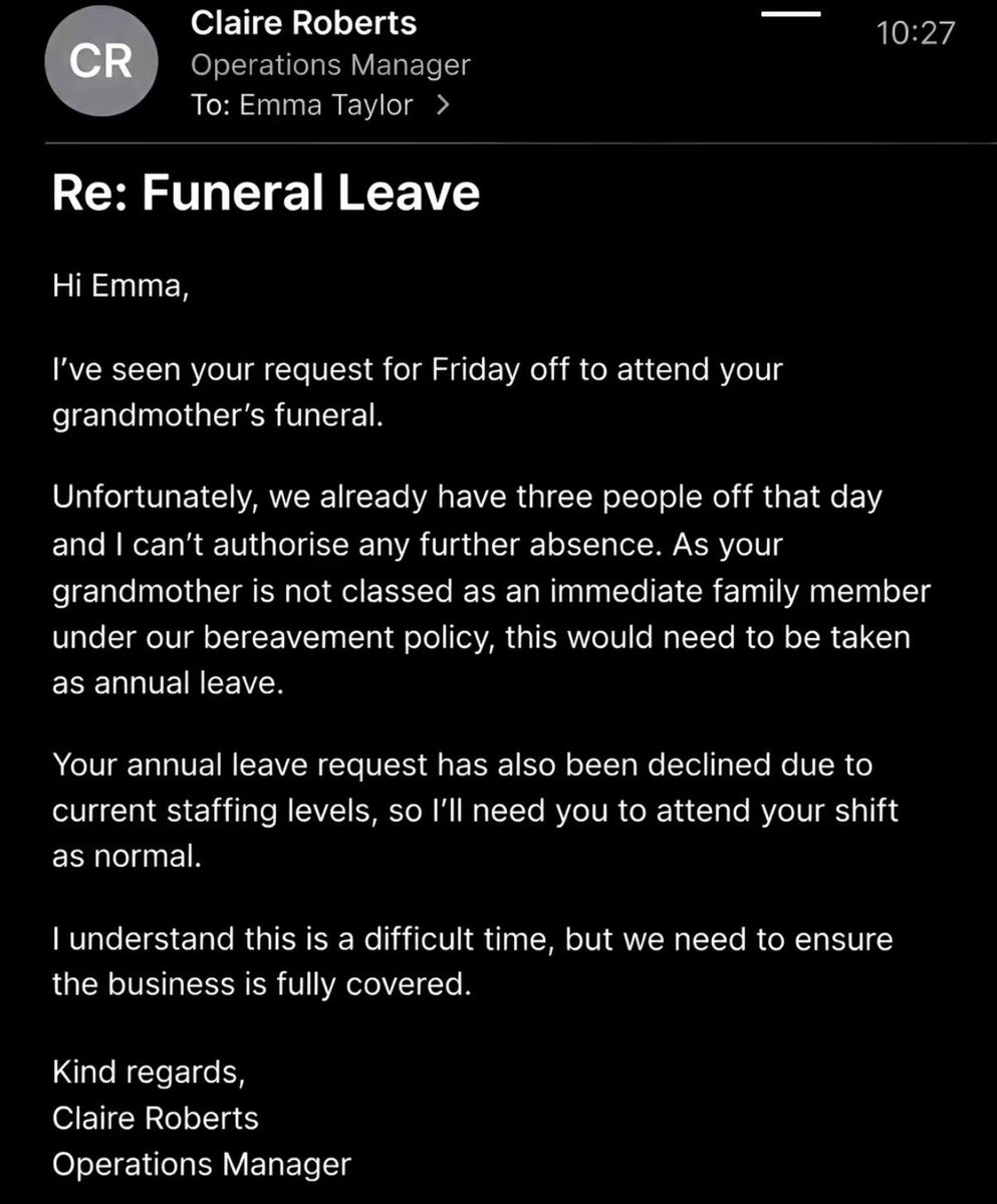 washghost1's tweet photo. I wouldn’t stay at a job that wouldn’t let me take off for my grandmothers funeral https://t.co/eKObYHs68N
