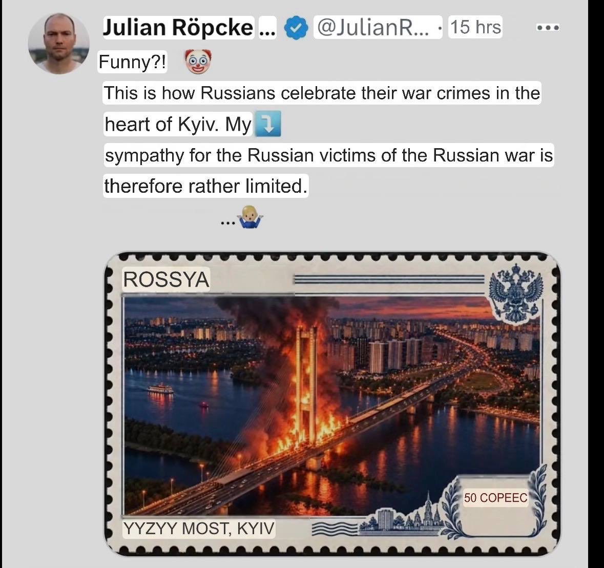 DD_Geopolitics's tweet photo. 🇩🇪 Apparently bridges become civilian infrastructure depending on who is bombing them

In June 2023, BILD journalist Jihadi Julian Röpcke reacted to news of a Ukrainian missile strike on the Crimean bridge with:

“Everything about it is beautiful.”

Fast forward to Russian strikes on Kiev’s bridges and suddenly he’s denouncing the attacks as “war crimes.”