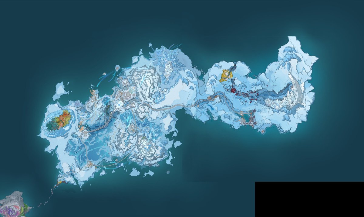 GenshinUniverse's tweet photo. The currently leaked 7.2 map is incomplete, with an undisplayed area in the south.

Additionally, this map seems to undergo major terrain changes as progression advances.

The current possible explanation is that the location of this wing-like structure will shift and tear apart, causing the hidden area to be revealed.

Via iostream23, TL Sakiko (STC)

#GenshinImpact