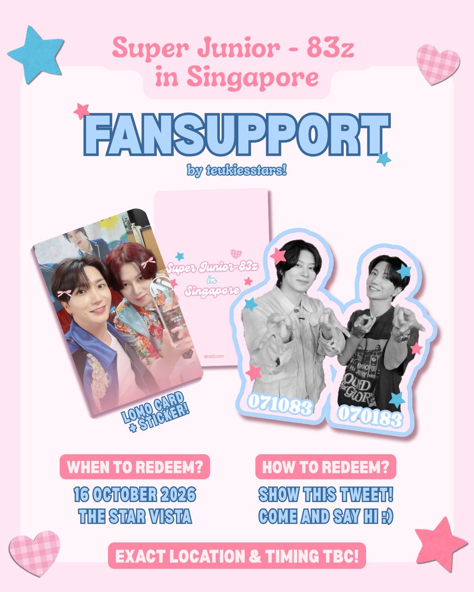 teukiesstars's tweet photo. lia's #SUPERJUNIOR_83z_1983_SG fansupport is here! ₊˚♡

💌details! :
✦ 24 pieces available only! first come, first serve
✦ open to trades as well!
✦ exact time and location TBC, check this thread + follow for updates!

#SUPERJUNIOR_83z #슈퍼주니어_83z 
#LEETEUK #HEECHUL https://t.co/00GyE9iQ4R