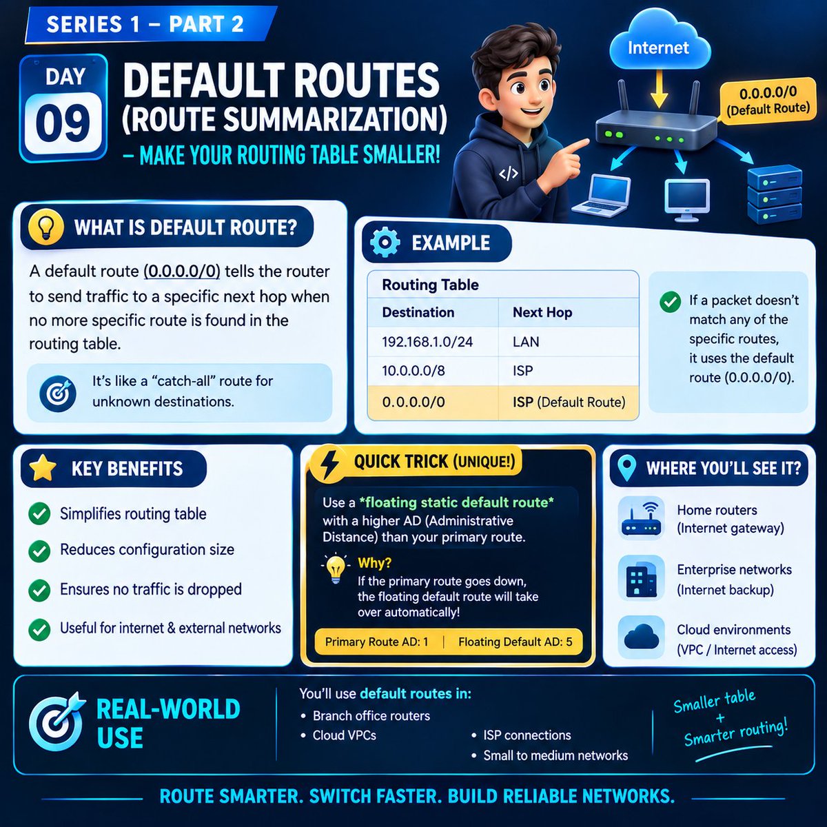 codewalalife's tweet photo. Day 9: Default Routes 🌐 Simplify routing with 0.0.0.0/0 and keep your network traffic moving! 🚀

#Networking #Cisco #RoutingAndSwitching #CCNA #Day9 #harshad_jibhakate #codewalalife https://t.co/SqKph3Bpfl