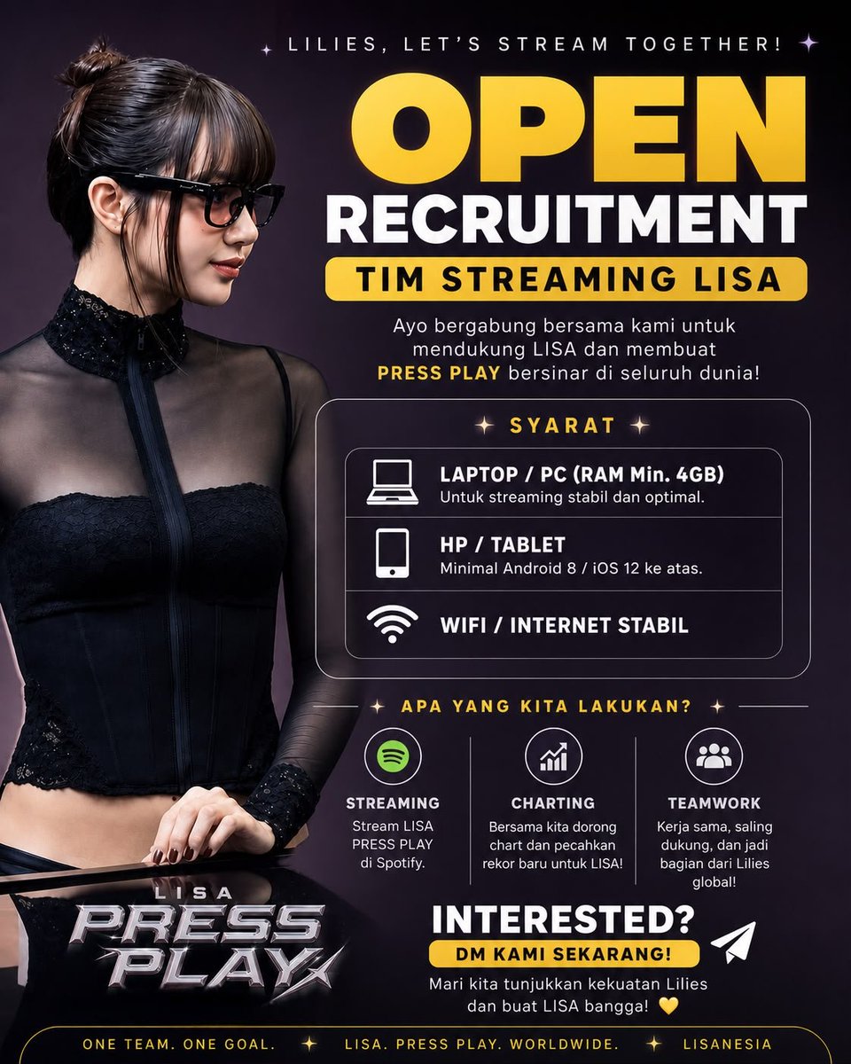 CREW_LISANESIA's tweet photo. 🚨 OPEN MEMBER TEAM SPOTIFY — JANGAN CUMA JADI PENONTON! 🚨

Buat LILIES & BLINK BIAS LISA yang mau ikut berkontribusi, LISANESIA membuka slot member streaming! 🔥

Kita BUTUH ORANG YANG BANYAK, kalau kalian masih jadi tim pantau lebih baik mulai lah berkontribusi dan jangan mengandalkan tim, kami sangat membutuhkan bantuan kalian, karna jika kita pikul bersama pekerjaan akan lebih ringan💛

TIDAK TERIKAT guys, bagi yang mau ikut khusus untuk PRESSPLAY saja akan kami terima dalam syarat aktif dan ikut berkontribusi waktu H debut, setelah itu jika kalian ingin pergi/tinggal silahkan.

💻 TEAM LAPTOP/PC
📱 TEAM HANDPHONE
Syarat simpel:
✅ Punya device sesuai tim
✅ RAM min. 4 GB
✅ Internet stabil
✅ Siap mengikuti arahan & tutorial
✅ KOMITMEN buat streaming bareng

❗LANGSUNG DM ❗
Jangan tunggu sampai mendekati hari H.

📩 DM dengan format:
“Laptop/PC” → untuk tim laptop/PC
“HP” → untuk tim handphone

Ga perlu takut Mimin akan ajarin sampai bisa💛

JOIN LISANESIA SEKARANG.

"Grup akan berada di WA"

#LISA #LALISA