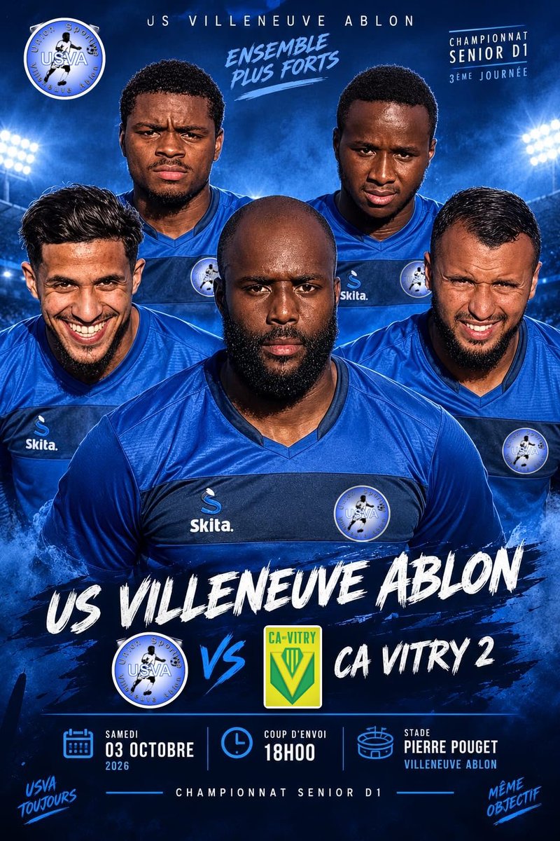 USVA_Foot's tweet photo. ⚽ MATCH À DOMICILE – SENIORS D1 🔵⚪
🔥 US VILLENEUVE ABLON 🆚 CA VITRY 2
📅 Samedi 3 octobre 2026
🕕 Coup d’envoi : 18h00
📍 Stade Pierre Pouget – Villeneuve-Ablon
Après deux journées de championnat, nos Seniors D1 retrouvent leur public ! 💪
💙🤍 Tous derrière l’USVA ! https://t.co/sw1hJx4z1g
