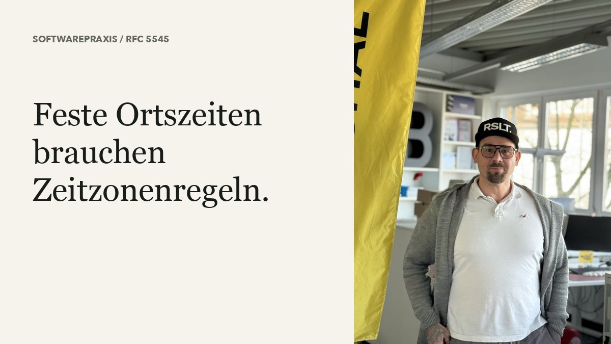 Fu13M's tweet photo. „Jeden Montag um 9 Uhr in Berlin“ ist keine feste UTC-Uhrzeit. Für solche Serien gehört die Zeitzone zur Regel. Im eigenen Tool: Termine vor und nach der Zeitumstellung prüfen. Hintergrund: RFC 5545 (2009).
https://t.co/esf3r5u04X https://t.co/8epb3Wvqpo