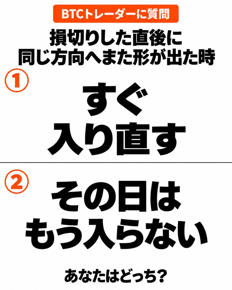 crypto_trader_z's tweet photo. BTCトレーダーに質問

損切りした直後に
同じ方向へまた形が出た時

①すぐ入り直す
②その日はもう入らない

あなたはどっち？
俺の答えはリプ欄 https://t.co/3DJRvKrNqH