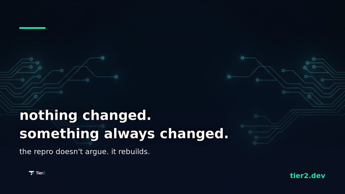 tier2_dev's tweet photo. every bug report insists nothing changed. something always changed. a cert rotated, a dep auto-bumped, a flag flipped at 2am. the repro doesn't argue. it rebuilds the environment and lets the difference announce itself. https://t.co/rsQx0yAUV8