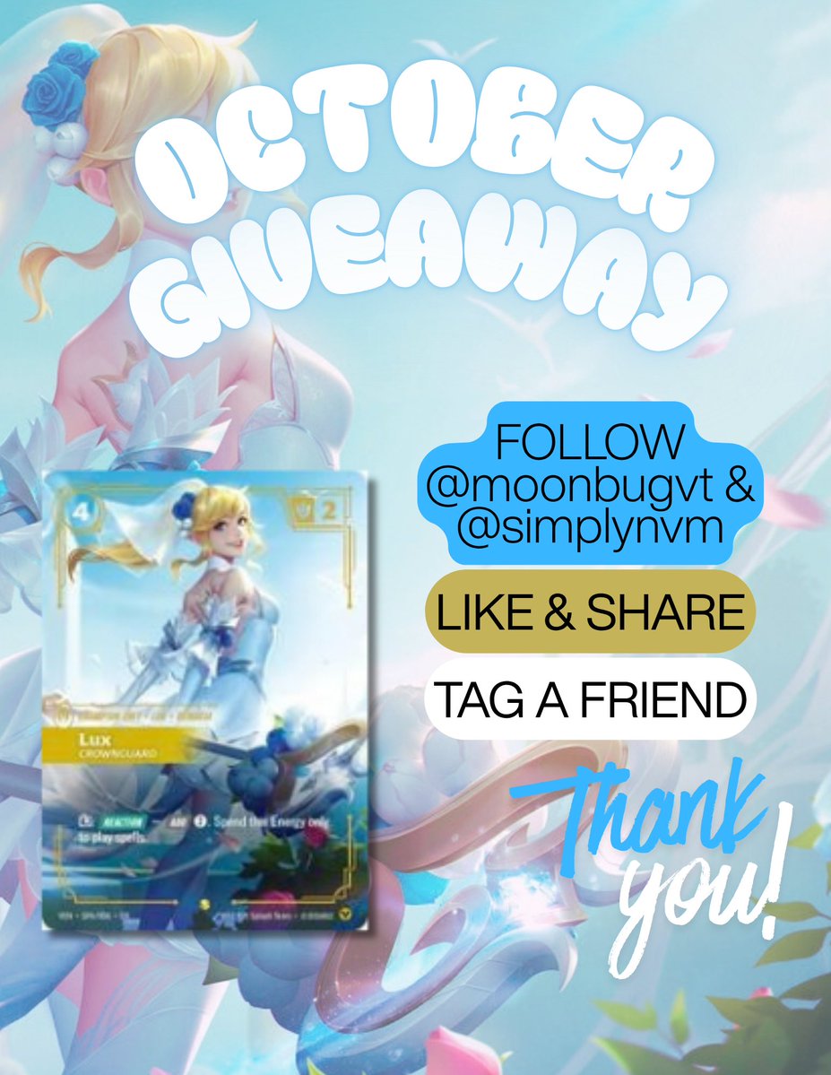simplynvm's tweet photo. October Giveaway #3!!!  

Shoutout to the ever so lovely @moonbugvt for providing us with TWO Crystal Roses!

This giveaway will be for Crystal Rose - Lux!

For a chance at winning: 
💛Follow @moonbugvt &amp; @simplynvm
💛Like &amp; share post
💛Tag a friend or post your favourite card! https://t.co/zJ20k58Cg5