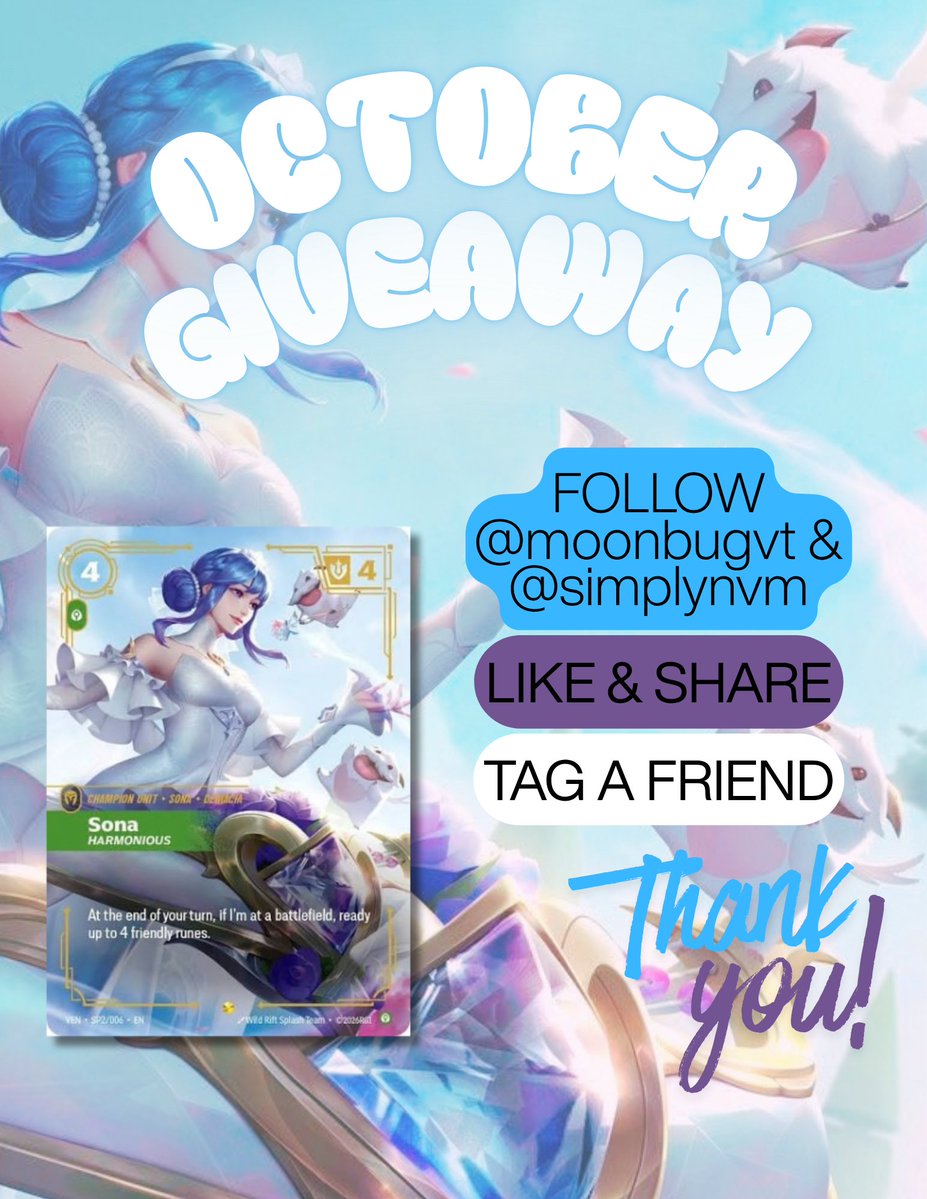 simplynvm's tweet photo. October Giveaway #4!!!

Shoutout to the ever so lovely @moonbugvt for providing us with TWO Crystal Roses!

This giveaway will be for Crystal Rose - Sona!

For a chance at winning:

💛Follow @moonbugvt &amp; @simplynvm
💛Like &amp; share post
💛Tag a friend or post your favourite card! https://t.co/PZ0XDZxoX8