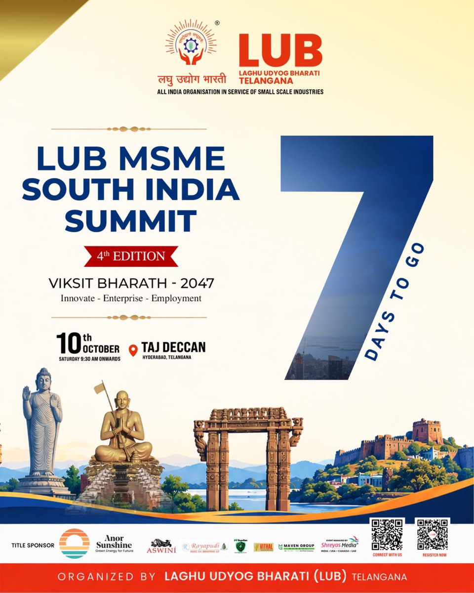 shreyasgroup's tweet photo. #7DaysToGo for a powerful convergence of business and ideas.
The #LUBMSMESouthIndiaSummit – 4th Edition is almost here, bringing together entrepreneurs, industry leaders and the #MSME ecosystem to exchange perspectives and explore opportunities.
🔗 Register Here:
https://t.co/d7nmUjktHX
📅 10 October 2026 | 9:30 AM onwards
📍 Taj Deccan, Hyderabad
Organised by LUB Telangana
Event Managed by Shreyas Media
@PMOIndia @minmsme @lubindia @lubtgsm
#LUBMSMESouthIndiaSummit #LUBMSME #MSMESummit #ViksitBharat #SouthIndiaMSME #Hyderabad #LUBTelangana #ShreyasMedia