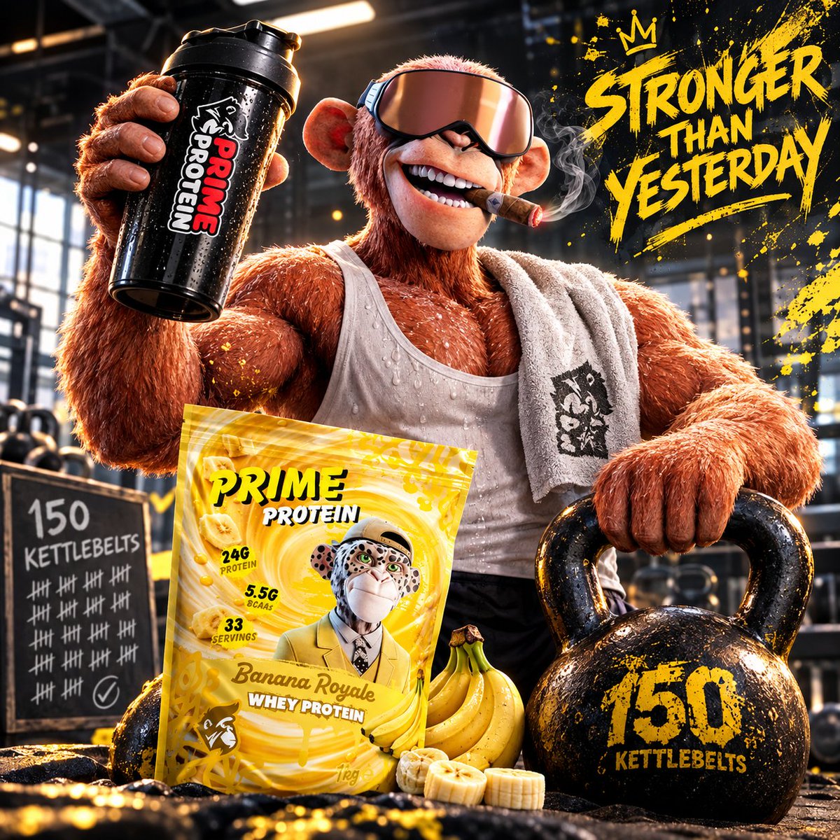 PrimeApePlanet's tweet photo. Evolving your art, evolving your body.  
Ape  swung through 150 kettlebell reps to boost cardiovascular endurance.
Fuel your recovery right after the grind with Prime Protein.
 Grab your tub today: https://t.co/NboSoRMJZf 
#PrimeApePlanet #RecoveryFueled https://t.co/cJnVjRx0Ii