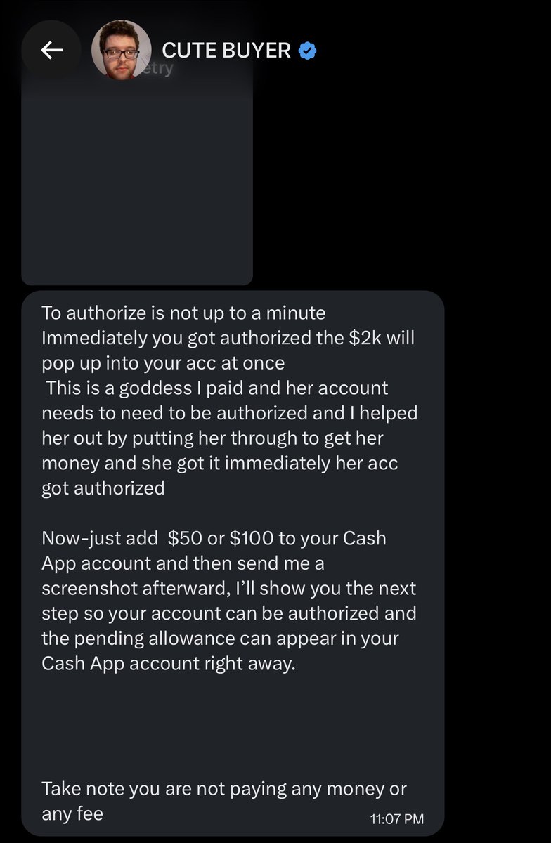 Christirr8787's tweet photo. Another one. Wil claim to want to pay and help for pics in return. Then Will claim he sent money but then require i put money in my account first to get authorized. 
I play along until they think they hooked me then I predict their script and they block me. 

Stay safe queens. https://t.co/NcK2Lq8WZc