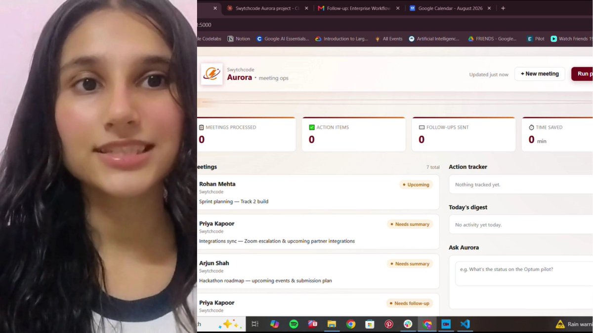 A woman with long dark hair speaks to the camera while displaying a browser showing the Swytchcode Aurora meeting ops dashboard, which shows 0 meetings processed, 0 action items, 0 follow-ups sent, and lists entries for Rohan Mehta, Priya Kapoor, and Arjun Shah.