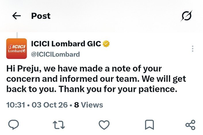 prejumf's tweet photo. @ICICILombard Shame of your icici lambard health insurance company. Don't you have a sense every time to give a reply like this and not getting any call from your side shame of your company and worst poor service from the staff https://t.co/I61p0rfMqf