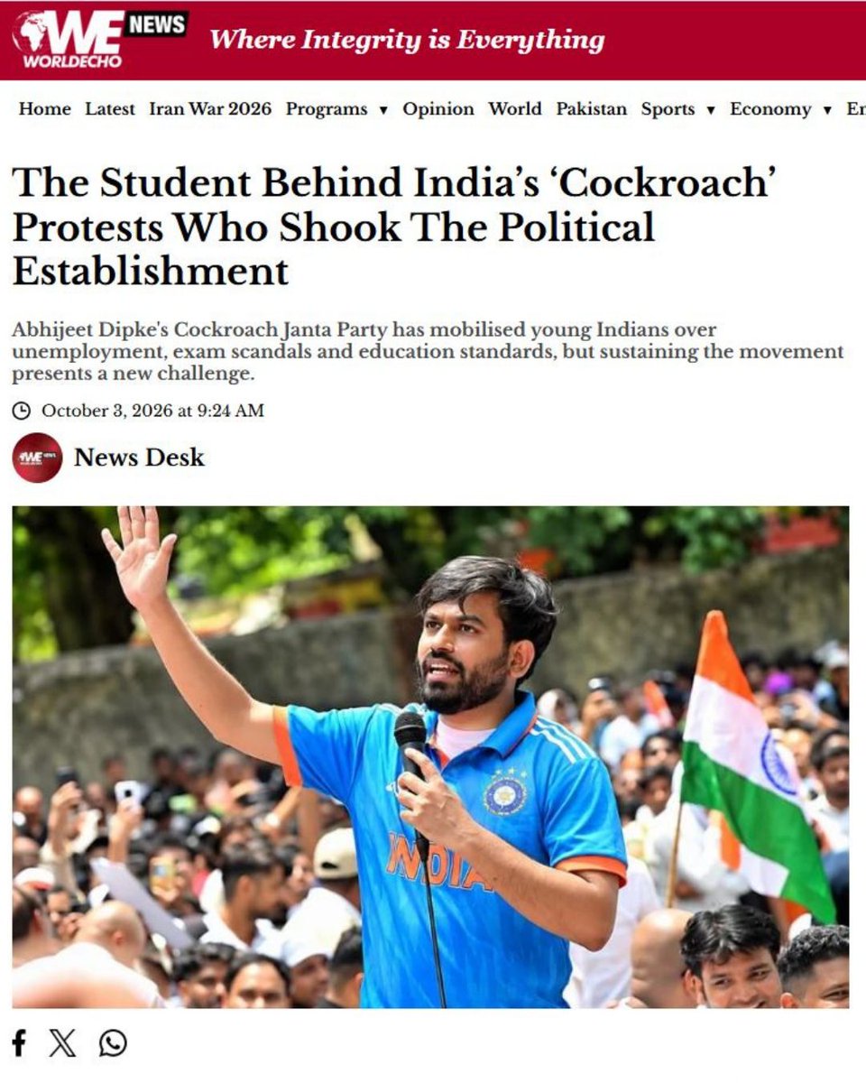 WENewsEnglish's tweet photo. A student-led protest movement in India has drawn national attention under the banner of the “Cockroach” campaign, challenging the country’s political establishment.

The movement has brought student and civil society groups together around concerns over electoral processes and voter rolls, putting its young organisers at the centre of growing political debate.

Visit our website to read the full story.

#India #CockroachMovement #CockroachProtests #StudentProtests #WENews