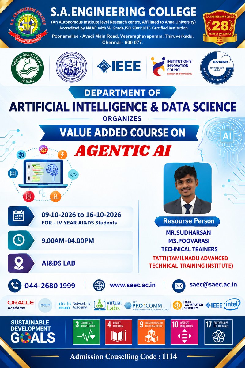 dev_saec's tweet photo. We are pleased to inform you that the Department of Artificial Intelligence & Data Science is organizing a Value Added Course on “AGENTIC AI” for IV Year AI&DS Students.
#SAEC #AIDS #VAC #futureready https://t.co/QxTD11dTl1