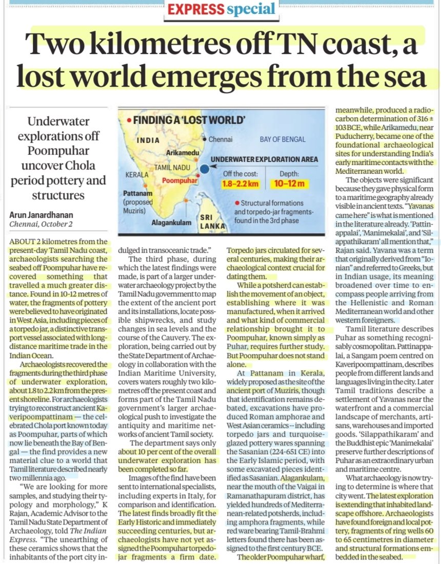 imRavikantYadav's tweet photo. Two kilometers off TN Coast, lost world emerges from the sea

:Details by Sh Arun Janardhanan
@arunjei 

#Poompuhar #Puhar #Kaveripoompattinam #Chola #PortCity #TamilNadu
#TorpedoJar
#MaritimeTrade 
#Alagankulam #Pattanam
#Trade #Culture #Heritage
#History

#UPSC

Source: IE https://t.co/K0o1t2tyFM