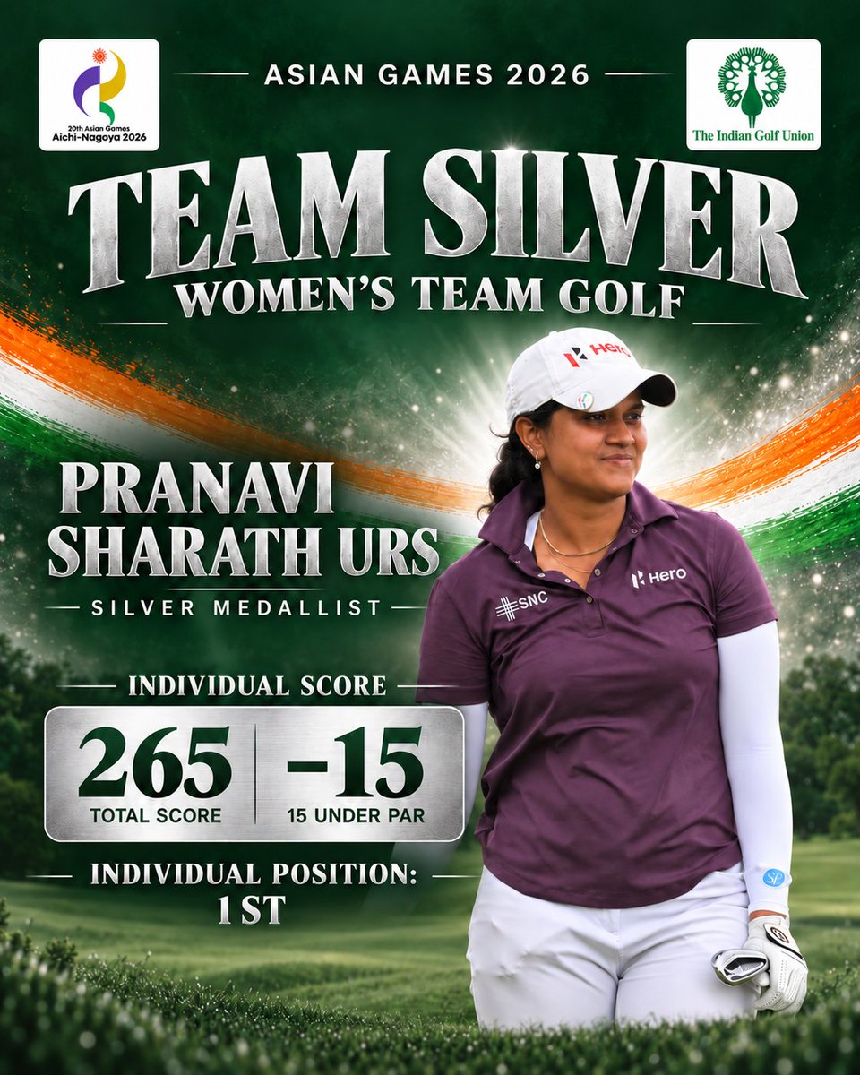 IndianGolfUnion's tweet photo. SILVER FOR BHARAT! 🇮🇳🥈

The Indian Golf Union congratulates Pranavi Sharath Urs, Diksha Dagar and Aditi Ashok on winning the Women’s Team Golf SILVER MEDAL at the Asian Games 2026, finishing at 14 under par with a total score of 546.
(1/3) https://t.co/9fBTfBEALZ