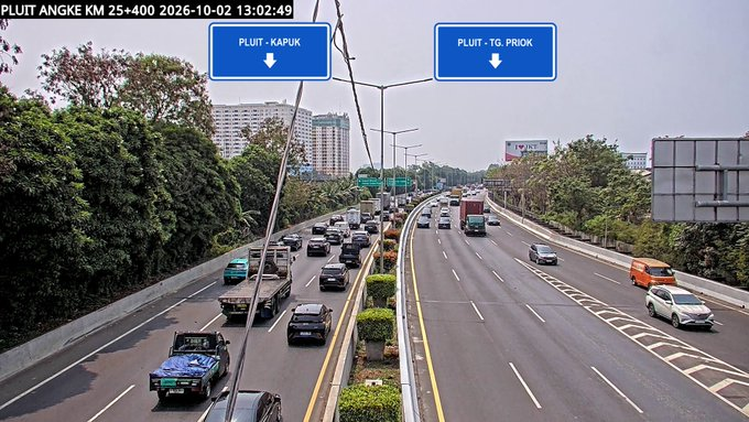 A traffic camera view from 'PLUIT ANGKE KM 25+400' dated 2026-10-02 shows heavy traffic on a highway with overhead signs pointing to 'PLUIT - KAPUK' and 'PLUIT - TG. PRIOK.'