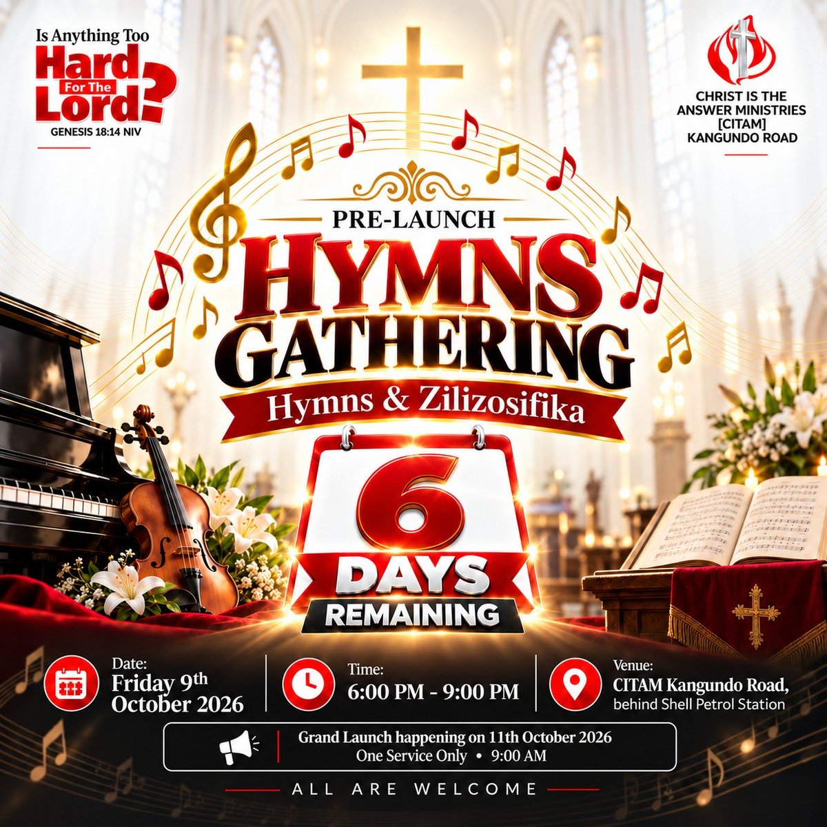 CitamRuai's tweet photo. 6 days remaining to our Pre-Launch Hymns Gathering🥳 

Get ready for an amazing night of worship and timeless hymns as we get ready for the grand launch on 11th October.

See you there!

#citamkangundoroad 
#isanythingtoohardforthelord 
#wherechrististheanswer https://t.co/ME9oomJjaJ