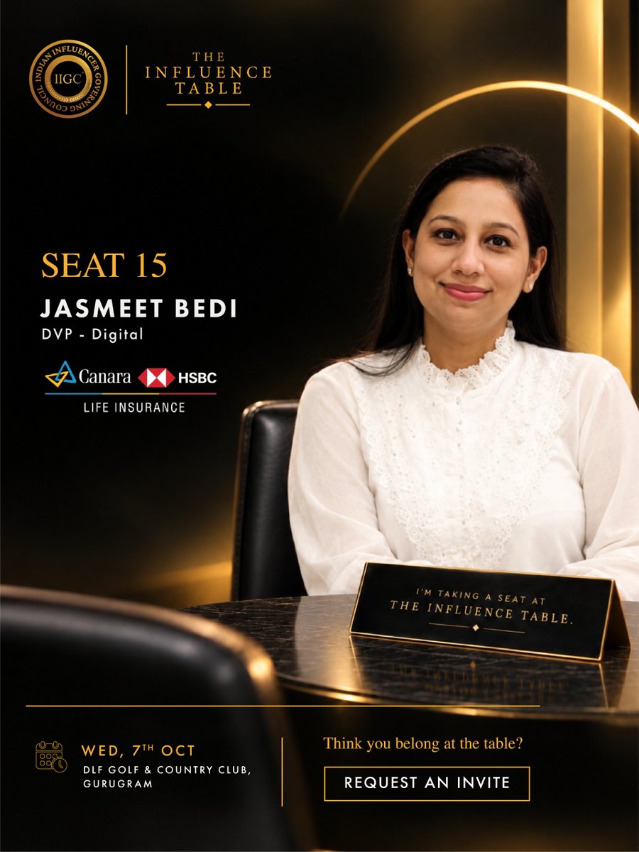 IIGC_official's tweet photo. SEAT 15 | JASMEET BEDI — @CanaraHSBCLI
She brings a crucial perspective from a sector where credibility, consumer education, and influence must move in lockstep.
That perspective undeniably belongs at the table.
#TheInfluenceTable #IIGC #CreatorEconomy #InfluencerMarketing https://t.co/EEex6GcvIX