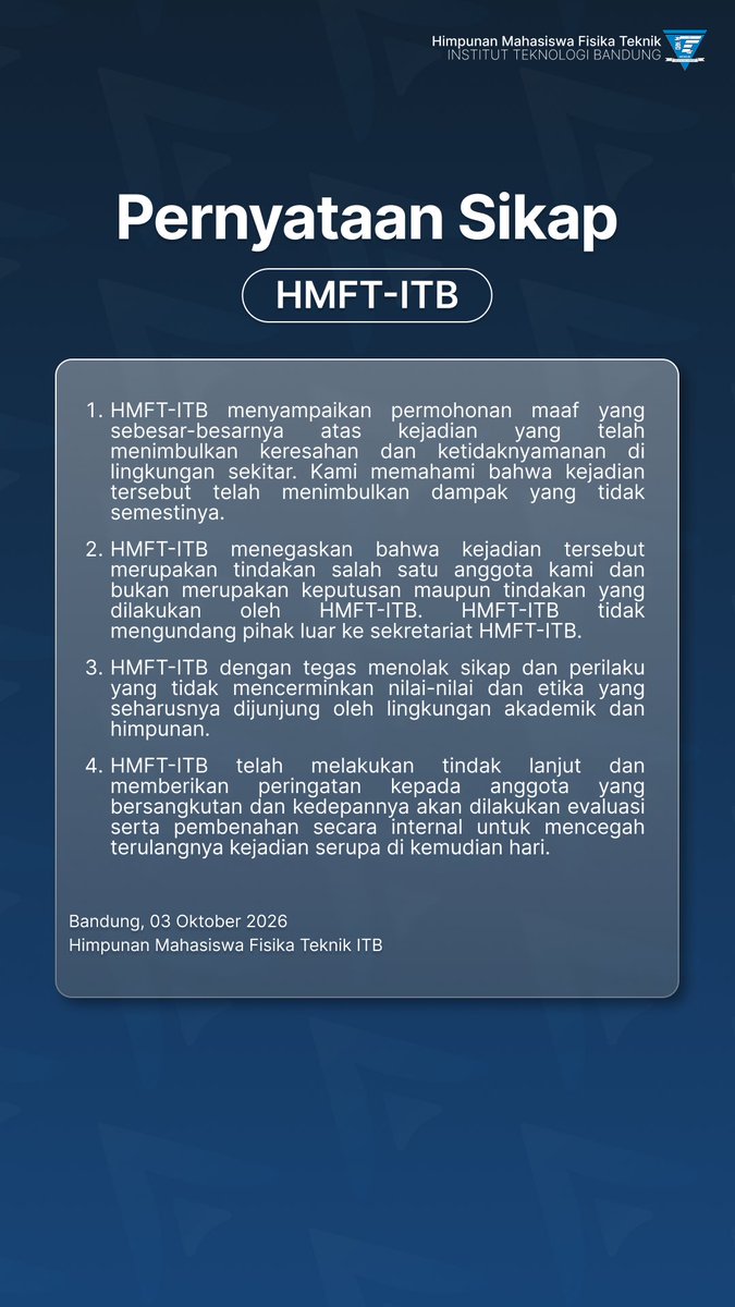 HMFT_ITB's tweet photo. Pernyataan Sikap HMFT-ITB https://t.co/OUcpnUxx14