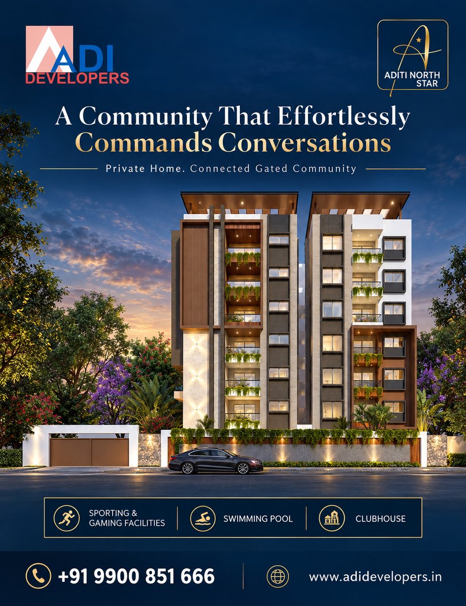 Aditinorthstar's tweet photo. A Community That Effortlessly Commands Conversations ✨.  
 At Aditi North Star, enjoy the perfect balance of a private home and a connected gated community. 

Experience premium living with:   A modern Clubhouse.   Swimming Pool.   Sporting &amp; Gaming Facilities. 
 9900 851 666 https://t.co/xmQgO9PauN