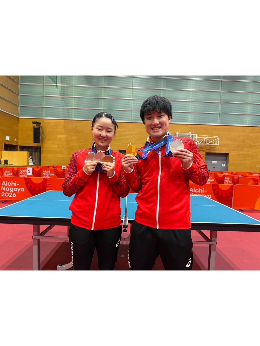 harimotomiwa's tweet photo. アジア競技大会2026愛知・名古屋

女子団体銀メダル🥈
女子ダブルス🥈
女子シングルス銅メダル🥉
混合ダブルスベスト8

会場でたくさんの応援をしてくださった皆様、本当にありがとうございました！
自国開催最高でした😭
次みなさまの前でプレーする時には、もっと成長して、もっと良い色のメダルをお見せできるように頑張ります！

写真：卓球王国