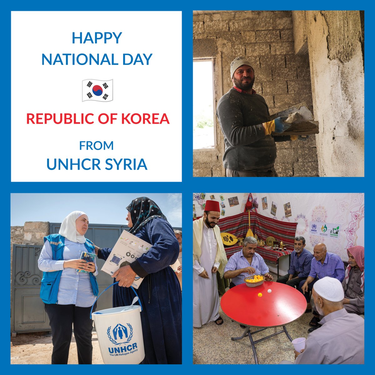 UNHCRinSYRIA's tweet photo. 🇰🇷 On National Day, UNHCR Syria thanks the people and Government of the Republic of Korea for their generous support to the Syrian people.

Your partnership is helping returnees and vulnerable families rebuild their lives and move toward a brighter future at home. https://t.co/68pVy4V1c7