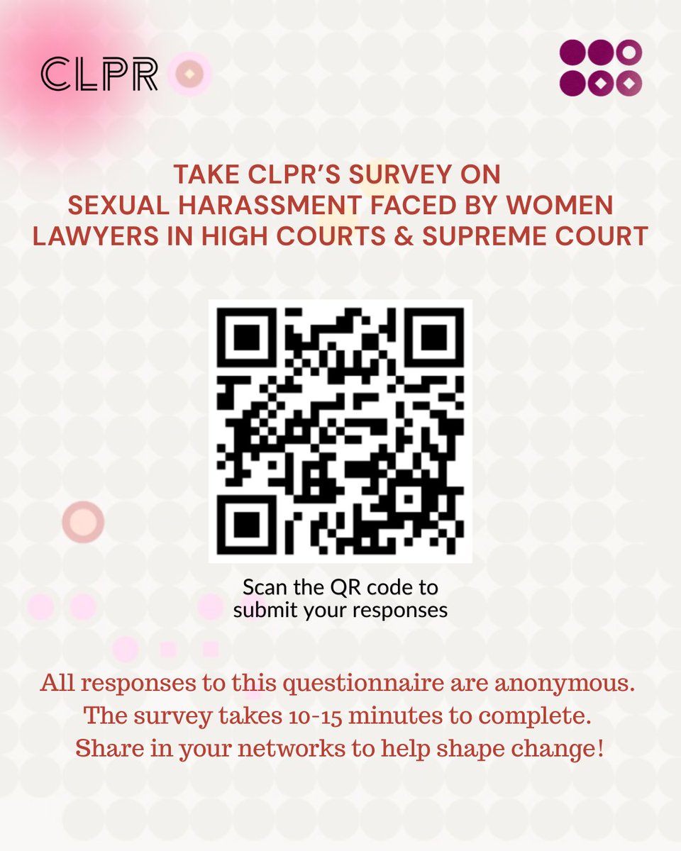 CLPRtrust's tweet photo. Read our new blog piece containing initial findings from CLPR's Survey on Sexual Harassment faced by Women Lawyers in High Courts and Supreme Court: https://t.co/7nm49sWbrr

Take the survey: https://t.co/pQs0RVYl29
Share in your networks! It only takes 10-15 minutes! https://t.co/NppRKoPgye