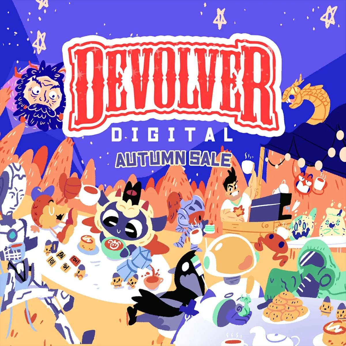 DevolverJP's tweet photo. 🍂Steamにてオータムセールが開催中🍂

Devolver Digitalの『Cult of the Lamb』や『BALL x PIT』『Inscryption』『Stick it to the Stickman』など147のタイトルがセール価格で販売中💰

トップページイラストに登場するキャラクター、あなたはいくつ分かりますか？ https://t.co/lC439aNC1g
