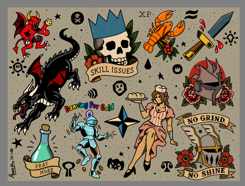 FrostedFears's tweet photo. In honor of #runefest this weekend, and all the homies there I haven't met yet, I've done up this #osrs tattoo flash! Enjoy! Prints Below. #OldSchoolRuneScape #OSRSArt #RuneScapeArt #TattooFlash #AmericanTraditional #TraditionalTattoo #GamingTattoo #VideoGameTattoo #NerdTattoo https://t.co/3WCgQMv8li