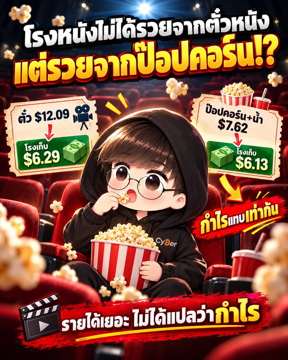 Cyber__trader's tweet photo. โรงหนังไม่ได้รวยจากตั๋วหนัง แต่รวยจากป๊อปคอร์นในมือคุณ 🍿

เชื่อไหมครับ ตั๋ว 1 ใบ โรงหนังเก็บกำไรไว้ได้แค่ครึ่งเดียว แต่ป๊อปคอร์น 1 ถัง เก็บได้เกือบทั้งถัง แล้วธุรกิจนี้ออกแบบมายังไง?

ผมอยากให้ลองดูตัวเลขจริงจาก AMC หนึ่งในเครือโรงหนังที่ใหญ่ที่สุดในโลก ปี 2025 ลูกค้า 1 คนจ่ายค่าตั๋วเฉลี่ย $12.09 แต่ต้องส่งเป็นค่าฉายให้ค่ายหนังไปถึง 48% เหลือให้โรงหนังแค่ราว $6.29

ส่วนค่าป๊อปคอร์นกับน้ำ ลูกค้าจ่ายเฉลี่ย $7.62 ต้นทุนวัตถุดิบแค่ราว $1.49 โรงหนังเก็บไว้ได้ $6.13

ลูกค้าจ่ายค่าป๊อปคอร์นน้อยกว่าค่าตั๋วเกือบ 40% แต่โรงหนังได้กำไรขั้นต้นจากสองอย่างนี้แทบเท่ากัน 😱

ทั้งปีอาหารและเครื่องดื่มคิดเป็นแค่ 34% ของรายได้ AMC แต่สร้างกำไรขั้นต้นได้ถึงราว 49% 

ในไทยก็คล้ายกันครับ ข้อมูลปี 2565 ของ Major Cineplex (MAJOR) รายได้ป๊อปคอร์นและเครื่องดื่มคิดเป็นราว 25% ของรายได้ทั้งหมด ด้วย Gross margin ราว 55 - 60% จนต่อยอดไปทำป๊อปคอร์นแบบซองขายนอกโรงด้วย

แล้วทำไมโมเดลธุรกิจแบบนี้ถึงได้ผล?

เพราะธุรกิจใช้ตั๋วเป็น "ตัวดึงคน" ไม่ใช่ตัวทำเงิน ราคาตั๋วถูกกำหนดโดยการแบ่งรายได้กับค่ายหนัง ยิ่งหนังฟอร์มยักษ์ ช่วงสัปดาห์แรกๆ ค่ายหนังยิ่งเอาส่วนแบ่งไปเยอะ โรงหนังคุมตรงนี้ได้น้อยมาก

ลูกค้าอยู่ในสนามของโรงหนัง ห้ามนำอาหารจากข้างนอกเข้า เราเลยมีตัวเลือกเดียวในวันนั้น นี่คือ Captive market แบบคลาสสิก ต้นทุนต่ำมาก เมล็ดข้าวโพด น้ำมัน น้ำตาล แก้วน้ำ ต้นทุนแค่ส่วนเล็กๆ ของราคาขาย

จิตวิทยาราคา ถังเล็กกับถังใหญ่ราคาต่างกันไม่มาก เพื่อให้เรารู้สึกว่าซื้อใหญ่ "คุ้มกว่า" หรือชุด Combo ที่ทำให้เราจ่ายเพิ่มโดยแทบไม่รู้ตัว

บทเรียนสำหรับนักลงทุน คือ "รายได้" ไม่เท่ากับ "กำไร" เสมอไปนะครับ เพราะธุรกิจขายดีก็เจ๊งได้ (ซึ่งผมเคยทำโพสไปแล้ว)

ในฝั่งลงทุน สิ่งนี้ทำให้เข้าใจหุ้นของธุรกิจมากขึ้น

เพราะเวลาดูหุ้นสักตัว อย่าหยุดแค่ว่าบริษัทขายอะไรได้เยอะที่สุดครับ ให้ตั้งคำถามต่อว่าเงินกำไรจริงมาจากตรงไหน 

โมเดลแบบนี้มีอยู่ทั่วไป เครื่องปริ้นท์ที่ขายถูกแต่หมึกแพง มีดโกนที่ด้ามถูกแต่ใบมีดแพง หรือ Costco ที่กำไรส่วนใหญ่มาจากค่าสมาชิก

และในฐานะที่ปรึกษาการเงิน อีกมุมที่ผมชอบบอกลูกค้าคือ ในชีวิตเราก็มี "ป๊อปคอร์น" ซ่อนอยู่เหมือนกัน ค่าส่วนเสริมเล็กๆ ที่ดูไม่เยอะ แต่เป็นตัวทำกำไรหลักให้ธุรกิจอื่น และเป็นตัวที่กินเงินเก็บเราเงียบๆ โดยไม่รู้ตัว

ของที่ขายแพงที่สุด ไม่ใช่ของที่คุณตั้งใจมาซื้อ แต่เป็นของที่คุณซื้อเพิ่มตอนอยู่ในร้านต่างหาก

แล้วเพื่อนๆ อยากฟังผมเจาะลึกธุรกิจอะไรอีก คอมเม้นบอกกันได้นะครับ 👇

#ธุรกิจ #ลงทุน #การเงิน