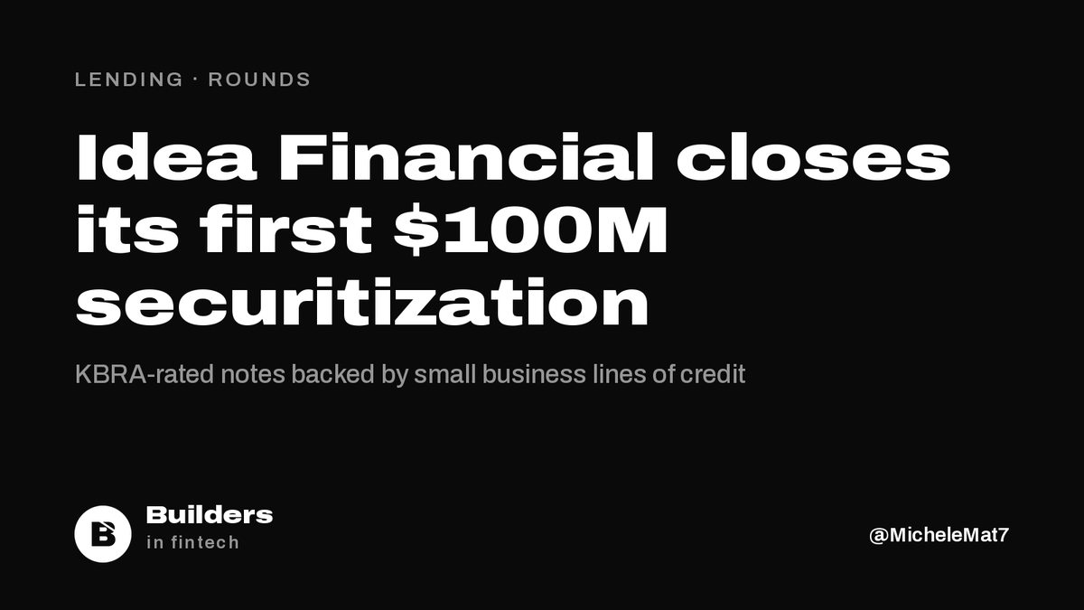 buildersfintech's tweet photo. Idea Financial has closed its first asset-backed securitization: $100M in notes backed by small business lines of credit.

Senior notes rated A+ by KBRA, 36-month revolving period, KeyBanc as placement agent.

The Miami lender was founded in 2017 by Justin Leto and Larry Bassuk. https://t.co/01dKEierIl
