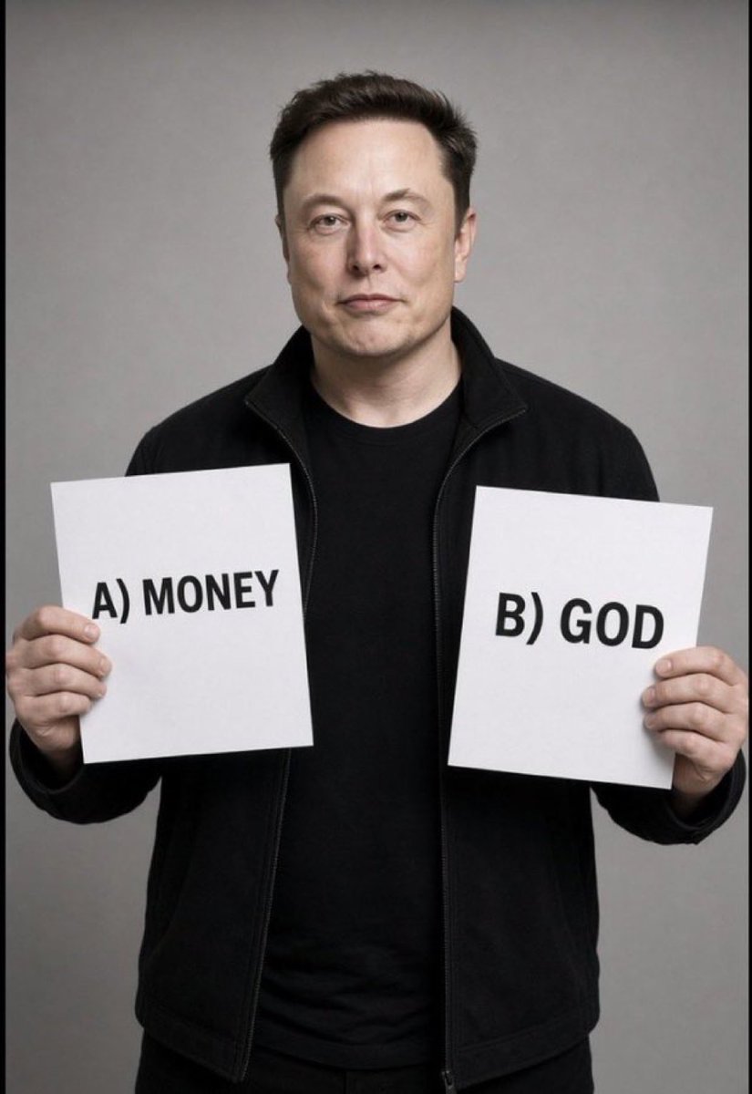 CEOElonrvsx's tweet photo. Elon Musk is holding a paper in each hand.

Be honest… what is your top priority in this life? 👀

💰 A) Money

🙏 B) God https://t.co/VDJ6a71GyQ