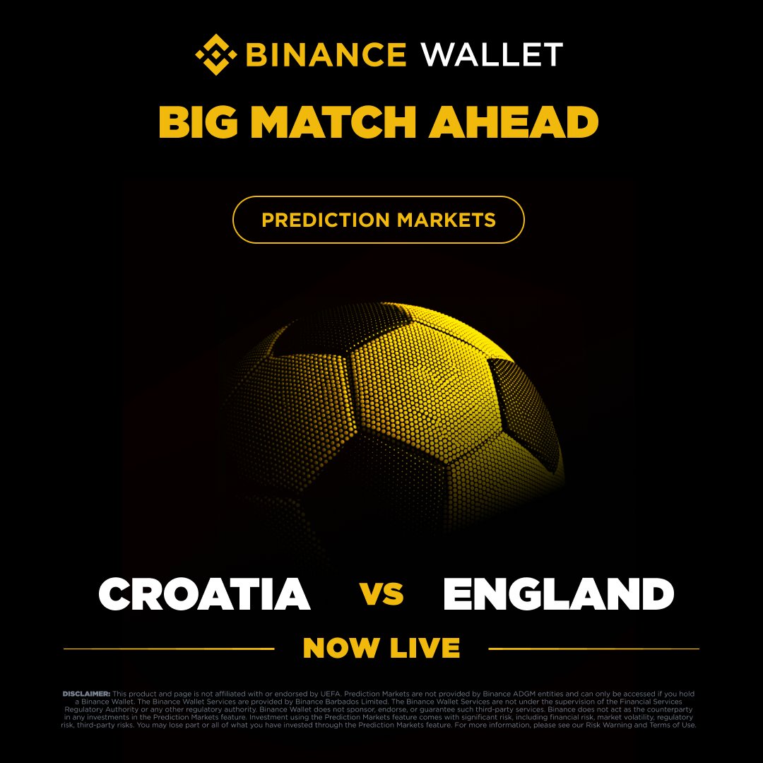 BinanceWallet's tweet photo. ⚽ Croatia and England. Always a battle.

Croatia vs. England Prediction Market is now live.

England travel to Croatia looking to keep up the pressure. Can the hosts stop them?

Join the PnL Trading Competition and compete for a share of a 100,000 USDT prize pool!

Join now: https://t.co/4AiYUVNAfZ
