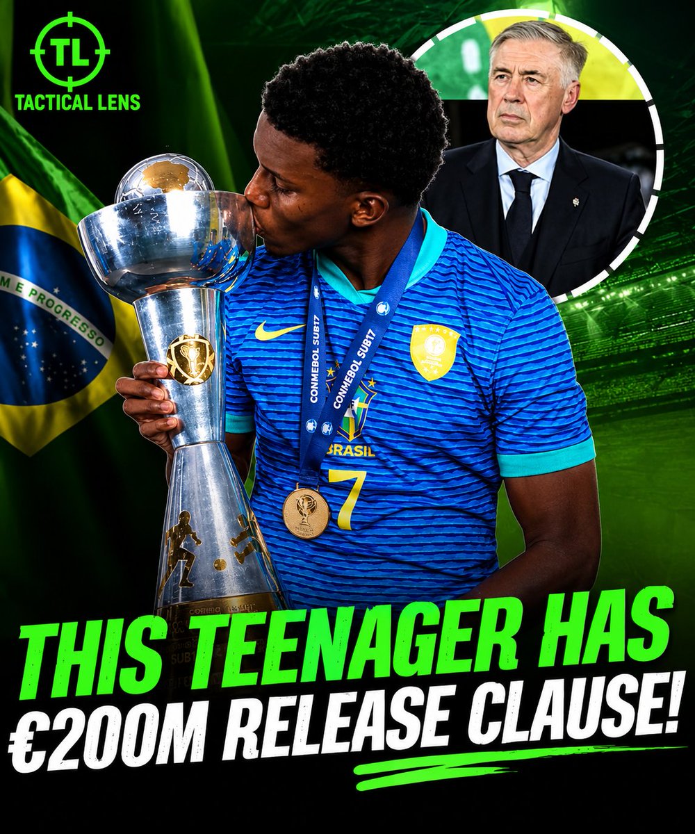 TacticalLens1's tweet photo. His club have set a massive €200m release clause to keep this 18-year-old, 6'0" forward away from Europe’s biggest clubs.

Domestic sides like Corinthians, along with several European giants, continue to make enquiries about him.

He made his senior debut in Brazilian football at just 16, and this high-potential forward could become the most expensive Brazilian teenager ever transferred to Europe, potentially breaking the records set by Endrick and Vinicius Jr.

As a player, he’s a true space attacker. Comfortable with both feet, explosive pace and acceleration, excellent dribbling, and the fearlessness to attack from wide or central areas and finish the move himself.

His full player profile is pinned in the comments.

#Brazil #BrazilianFootball
